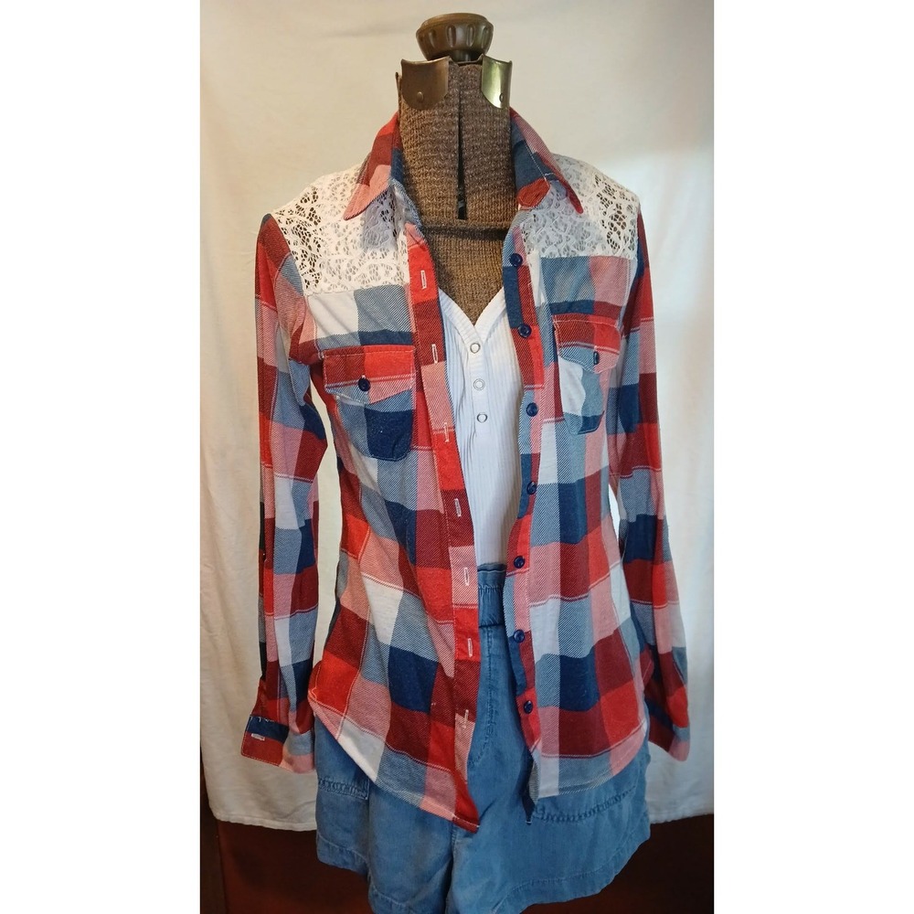 Rue 21 Plaid Lace Shoulder Button Down Shirt Red White Blue XS Long Sleeve